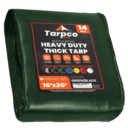 TARPCO SAFETY 20 ft L x 0.5 mm H x 16 ft W Heavy Duty 14 Mil Tarp, Green/Black, Polyethylene TS-103-16X20